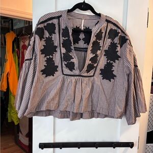 Free People Black Embroidered Striped Blouse wear alone or over long sleeves